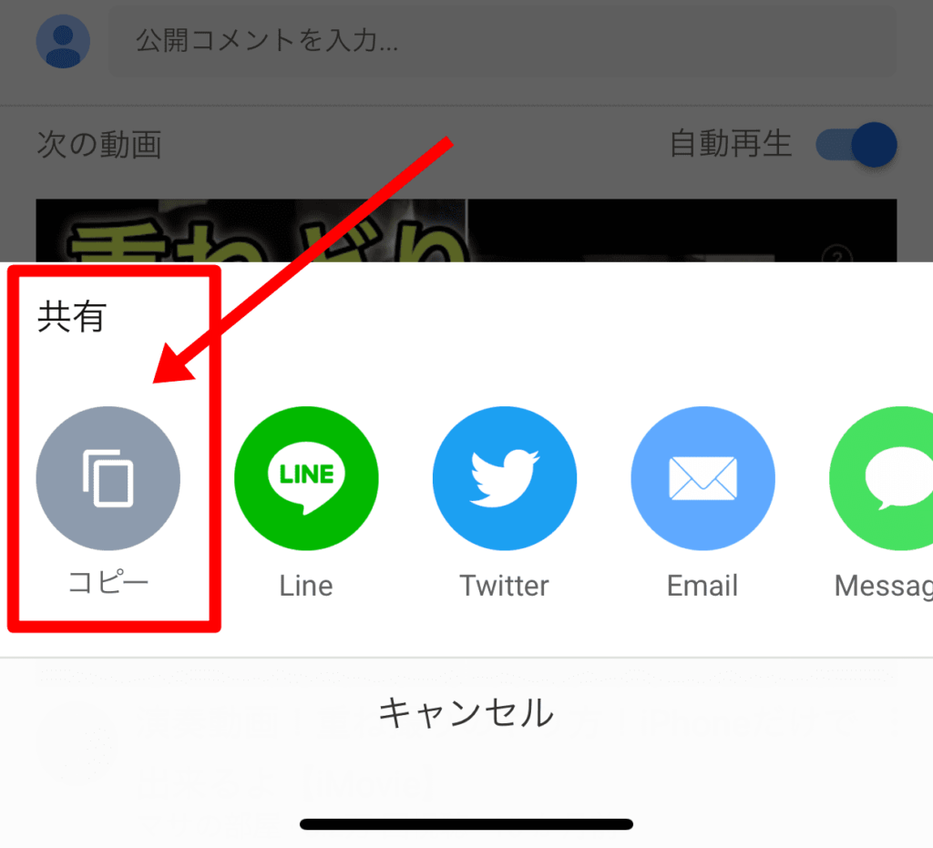 再生画面の共有にある「コピー」をタップ